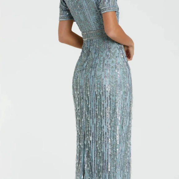 NWT | Mac Duggal Blue High Neck Short Sleeve Crystal Fringe Column Dress Size 6 - Picture 9 of 12